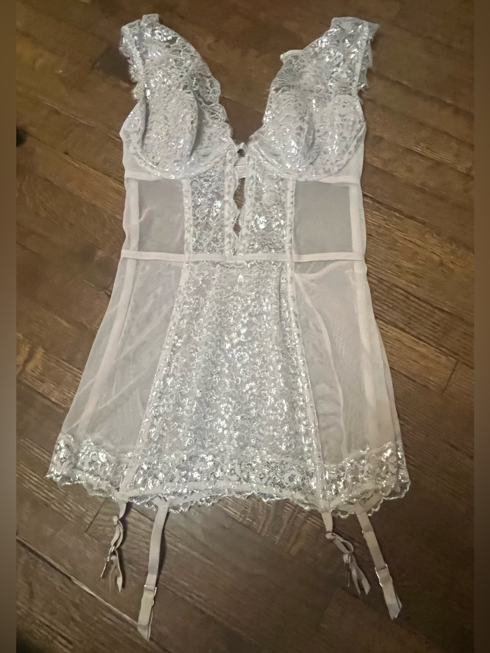 NWT Victoria’s Secret Sheer Mesh and Metallic Lace Garter Chemise